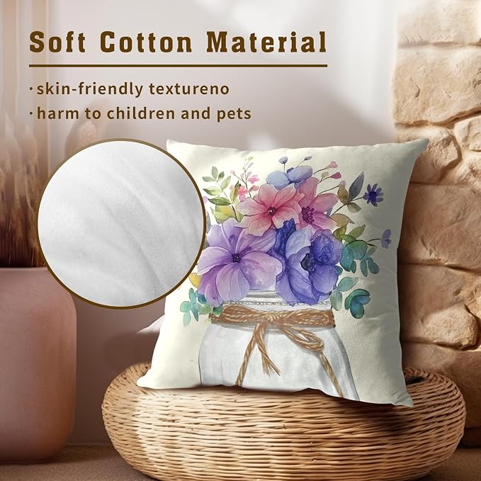 Watercolor Floral Pillow Covers 22x22 Inch Set of 2- Colorful Blue Purple Botanical Flower Decorative Throw Pillowcase Soft Cushion Cover for Sofa Couch Bed Patio Living Room