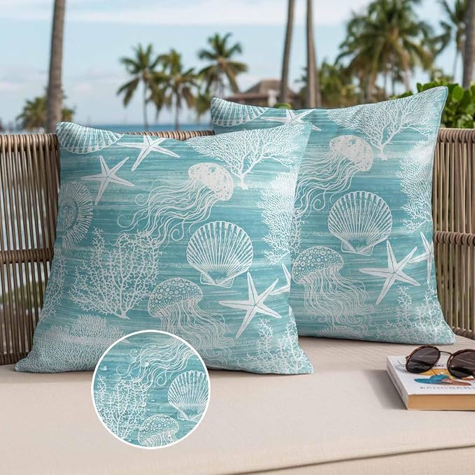 Teal Coastal Outdoor Waterproof Throw Pillow Covers Set of 2, 16"x16", Nautical Starfish Jellyfish Coral Summer Decorative Pillow Covers Outside Cushion Case for Patio Porch Garden