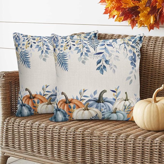Orange Blue Fall Waterproof Outdoor Pillow Covers 18''x18'' Set of 2, Thanksgiving Eucalyptus Berry Leaves Patio Cushion Covers for Chairs, Decorative Pumpkin Beige Pillow Cases for Garden/Pool/Beach
