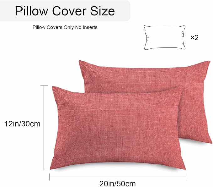 Vandarllin Outdoor Throw Pillows Covers 20x12 inch Set of 2 Waterproof Coral Red Linen Decorative Zippered Cushion Covers for Patio Furniture, Farmhouse Pure Color Lumbar Pillowcases