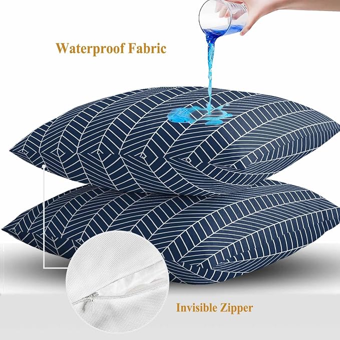 Outdoor Waterproof Throw Pillow Covers Set of 2 Navy Blue Chevron Stripes Pillowcases 18x18 Inches Modern Geometric Texture Decorative Pillows Cushion Case Patio Pillows for Couch Bed Chair Garden