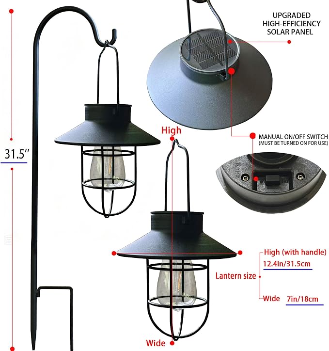 4 Pack Hanging Solar Lantern Lights with Shepherd Hook, Metal Waterproof Warm White Edison Bulb Lights for Garden Outdoor Pathway