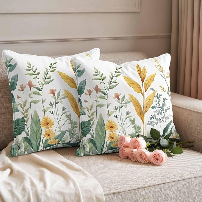 Outdoor Pillow Covers 24x24 Set of 2, Yellow Green Botanical Waterproof Patio Throw Pillow Covers for Couch Sofa Chair, Rustic Watercolor Leaves Decorative Pillowcases for Throw Pillows