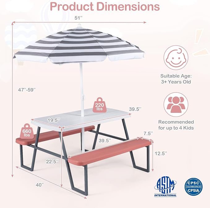 Costzon Kids Picnic Table, Toddler Outdoor Table & Bench Set with Removable Umbrella, HDPE Tabletop, Metal Frame, Kids Outdoor Furniture for Patio Backyard Garden, Fits 4 Children Age 3+ (Pink)