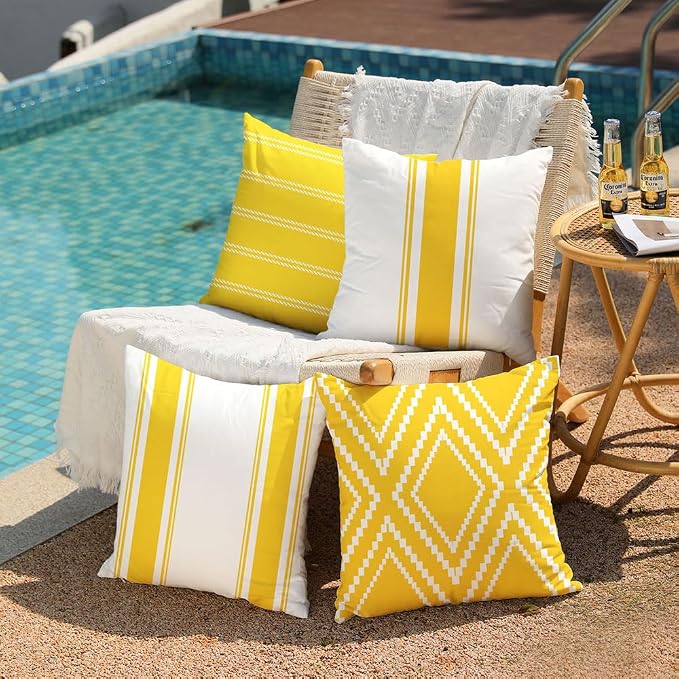 DFXSZ Outdoor Yellow Waterproof Geometry Pillow Covers 18x18 Set of 4 | Spring Summer Waterproof Modern Throw Pillowcases（No Inserts） Outdoor Decor for Patio Funiture Garden Polyester Covers
