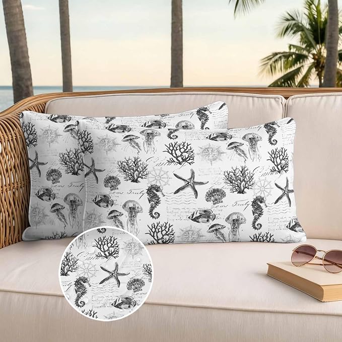 Gray Coastal Waterproof Outdoor Pillow Covers Set of 2 Home Decor, Retro Nautical Starfish Coral Jellyfish Pillowcase Patio Pillow Covers for Couch Bench Furniture Garden 20x12in