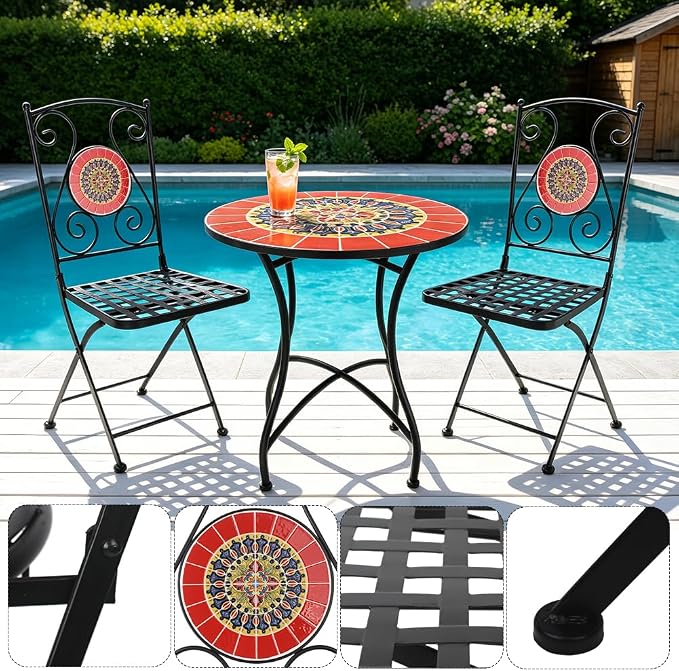 Folding Patio Chairs Set of 2 Mosaic Bistro Chair Outdoor Seating | Garden Patio Furniture Seating Heavy Duty Metal Frame Dining Chairs for Lawn Yard Balcony Porch Backyard Poolside