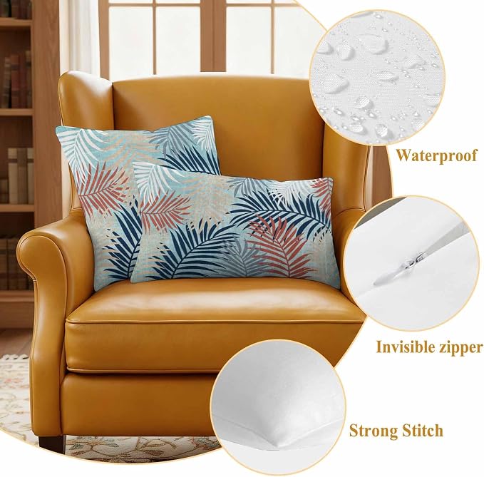 Outdoor Waterproof Throw Pillow Covers, Red Blue Teal Palm Leaves Decorative Pillow Cases, Summer Botanical Tropical Leaf Couch Pillow Protector Patio Sofa Cushion Covers Replacement 20"x12" 2 Pack