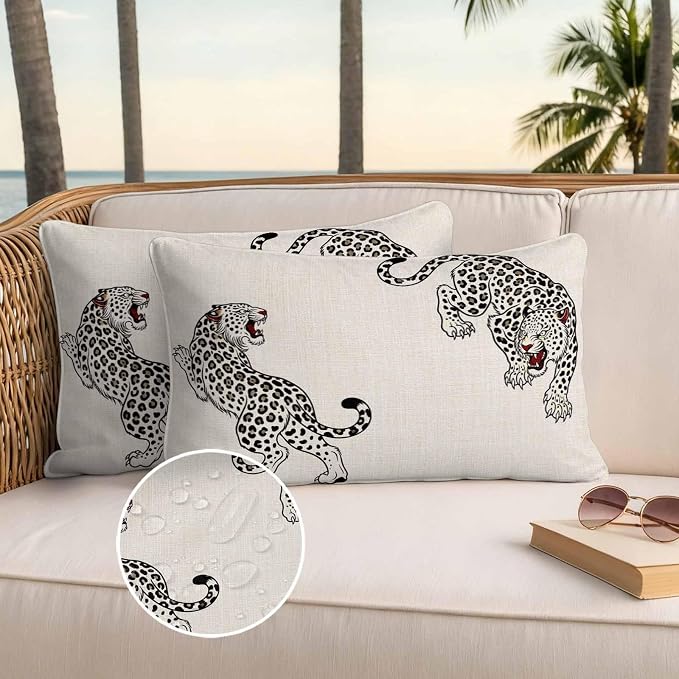 Yukro Beige Leopard Outdoor Waterproof Pillow Covers Pack of 2, Modern Style Wild Animal Rustic Linen Texture Throw Pillowcases Decorative Cushion Covers for Garden Patio Tent Sofa Couch, 20x12 inch