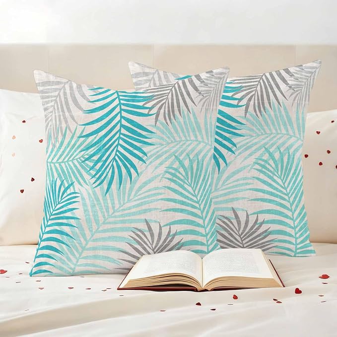Outdoor Waterproof Throw Pillow Covers, Teal Grey Palm Leaves Decorative Pillow Cases, Summer Botanical Tropical Leaf Couch Pillow Protector Patio Sofa Cushion Covers Replacement 16"x16" 2 Pack