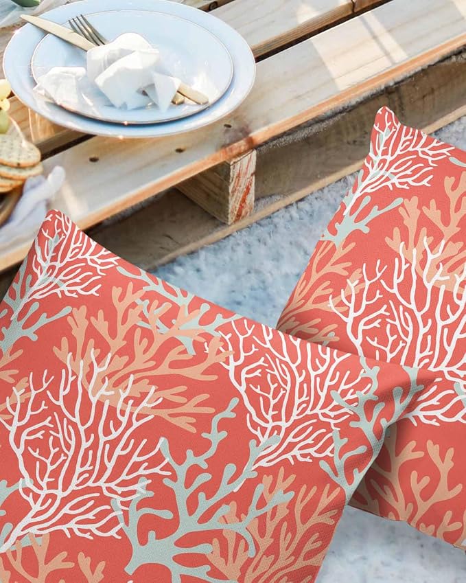 Pack of 2 Outdoor Pillow Covers 18x18 Waterproof Orange Ocean Coral Throw Pillow Covers, Decorative Pillowcases Nautical Coastal Summer Beach Cushion Covers for Patio Garden Couch Pillow Case