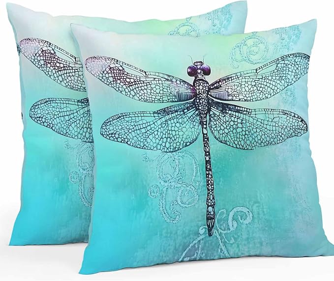 Vandarllin Outdoor Throw Pillows Covers 20x20 inch Set of 2 Waterproof Watercolors Dragonfly Decorative Zippered Cushion Covers for Patio Furniture, Teal Painting Lumbar Pillowcases