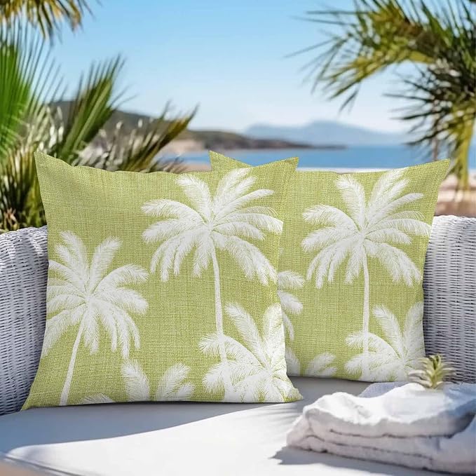 Outdoor Pillow Covers 18x18 Inch Set of 2, Yellow Palm Trees Waterproof Throw Pillow Covers, Farmhouse Tropical Summer Beach Decorative Cushion Pillowcases for Couch, Sofa, Bed, Garden, Patio