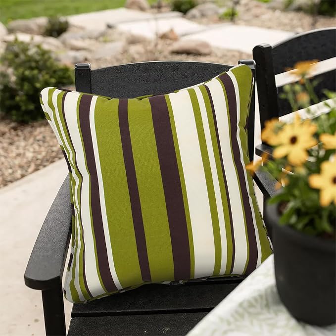 Outdoor Throw Pillow with Insert 18x18 Inch, Set of 2, Piping Edge Waterproof Fade Resistant Decorative Fluffy Pillows for Patio Furniture Chair Bench Couch Sofa - Green Striped