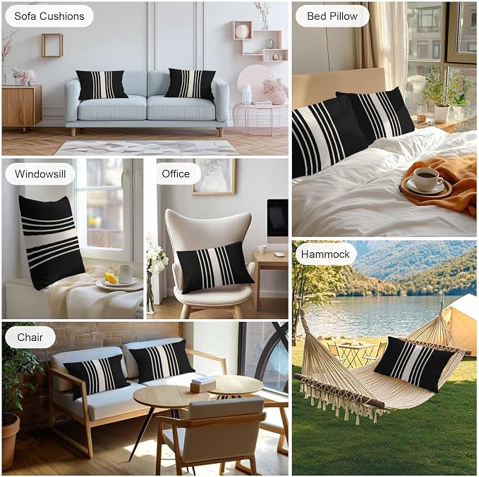 Lumbar Pillow Covers 20x12 Inch Set of 2, Black Beige Striped Waterproof Outdoor Cushion Covers, Modern Farmhouse Retro Lines Decorative Pillowcases for Couch, Sofa, Bed, Garden, Patio