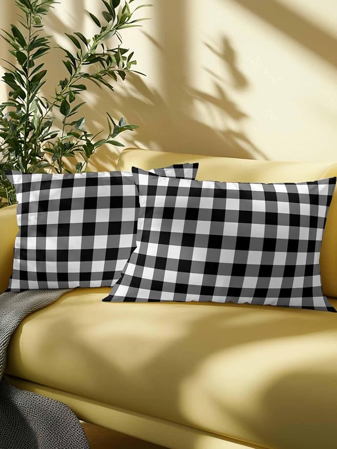 Waterproof Outdoor Pillow 1 Pack Black Buffalo Plaid Decorative Throw Pillows Cover & Insert 20x12 Inch Lumbar Pillowcase Check Lines Pillows for Couch Sofa Bed Patio Furniture Indoor Outdoor