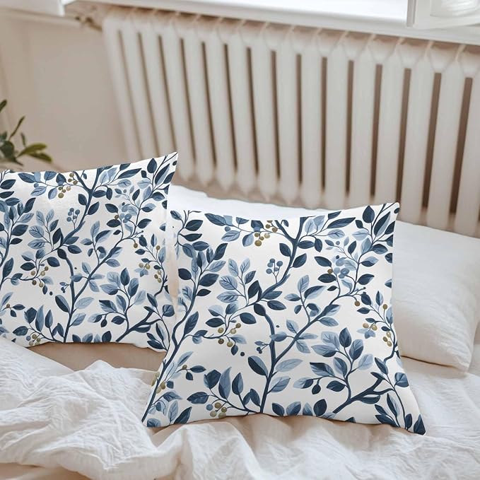 Throw Pillow Covers 18x18 Inch Set of 2, Navy Blue Botanical Waterproof Outdoor Pillow Covers, Summer Spring Leaves Decorative Cushion Pillowcases for Couch, Sofa, Bed, Garden, Patio