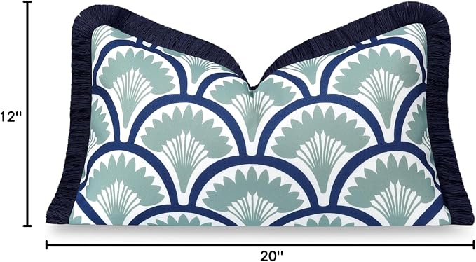 Hofdeco Premium Coastal Grandmillennial Patio Indoor Outdoor Lumbar Pillow Cover Only, 12"x20" Water Repellent for Backyard, Couch, Poolside, Celadon Green Navy Print Tropical Ravenala Palm Tree