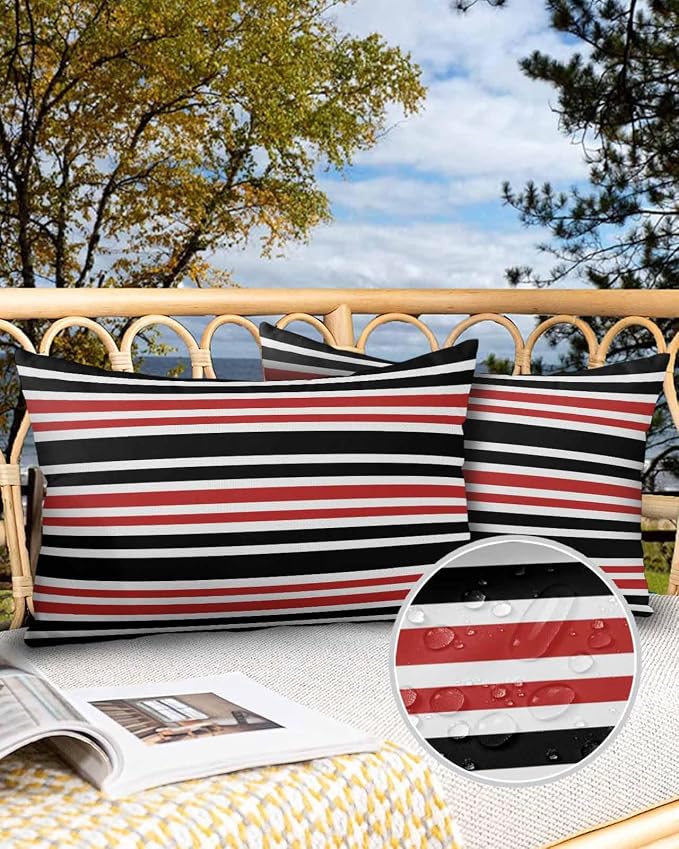 Outdoor Waterproof Throw Pillows Black Red Contrast Monochromatic Tones Patio Pillows,Decorative Pillow Covers with Insert,Pillow Cushion Case for Garden Couch Sofa Geometric Line