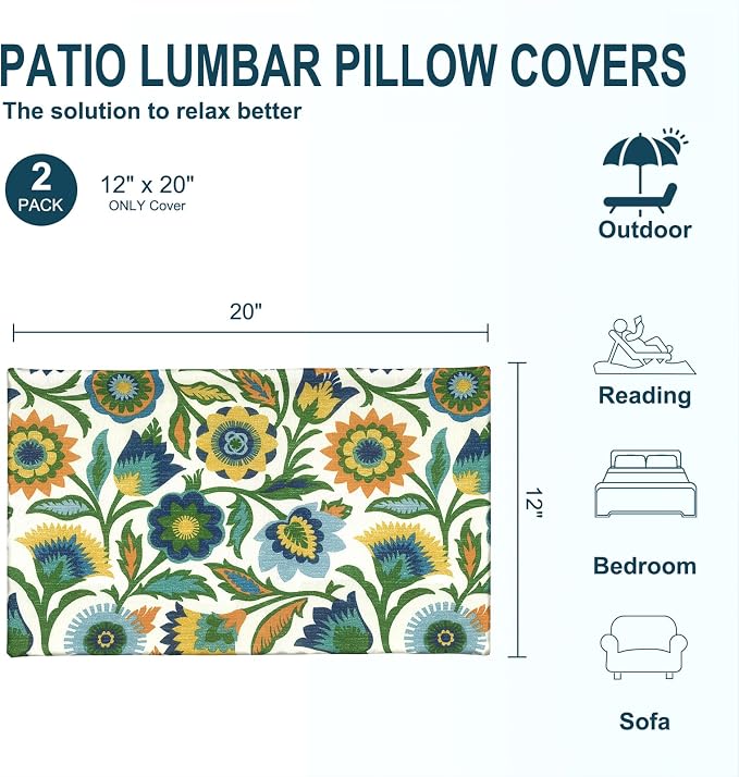 DYTXIII Pack of 2 Outdoor Waterproof Lumbar Pillow Covers ONLY, 12x20 Rectangle Decorative Double Printed Pillow Cases for Patio Couch Porch Furniture - Fiesta Floral