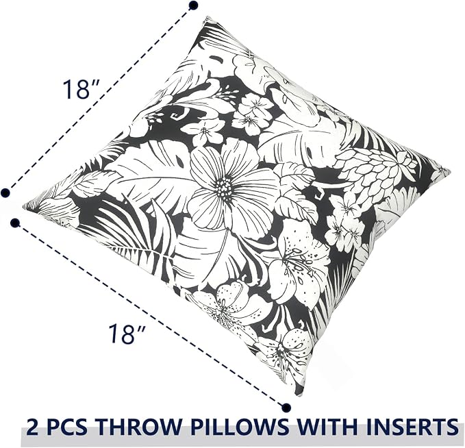 Outdoor Pillows with Insert 18x18 Inch, Waterproof Throw Pillow for Patio Furniture, Decorative Back Cushion for Garden Home Sofa Office Chair, Set of 2, Tropical Blossom Noir