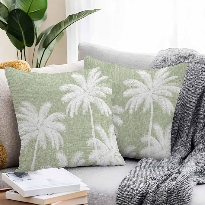 Outdoor Pillow Covers 26x26 Inch Set of 2, Sage Green Palm Trees Waterproof Throw Pillow Covers, Farmhouse Tropical Summer Beach Decorative Cushion Pillowcases for Couch, Sofa, Bed, Garden, Patio