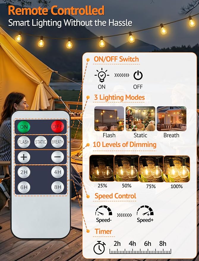 25FT Solar String Lights with Remote, 3 Modes, 11 G40 Bulbs, Black | Solar Powered, Dusk to Dawn, Dimmable, Timer, Memory Function, LED Globe Hanging Lights for Umbrella Gazebo Patio Decor