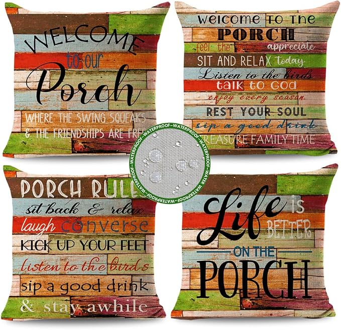 JOJOGOGO Patio Decor Outdoor Porch Pillow Covers 18x18 Waterproof, Set of 4 | No Inserts, Porch Pillows Outdoor Waterproof, Outdoor Patio Furniture Pillows, Colorful Porch Pillows, Weather Resistant
