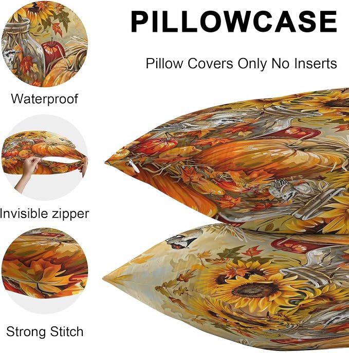 Fall Pumpkins Outdoor Pillow Covers 20x12 Inch Lumbar Pillow Covers Set of 2 Waterproof Decorative Throw Pillow Cases Sunflowers Birds Thanksgiving Oil Painting Cushion Covers for Patio Furniture