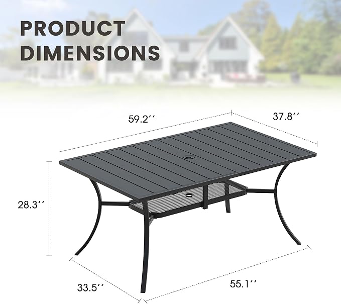 Outdoor Dining Table for 6, 59.2" Rectangle Outdoor Table with Adjustable Umbrella Hole and Storage Shelf, All-Weather Metal Patio Dining Table for Lawn Garden Backyard Deck, Black