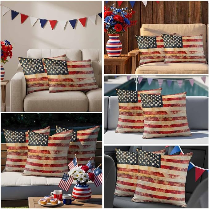 Independence Day Outdoor Pillow Covers 24"x24" Set of 2, Retro Country American Flag Waterproof Throw Pillow Covers for Patio Furniture, Decorative Cushion Covers for Porch