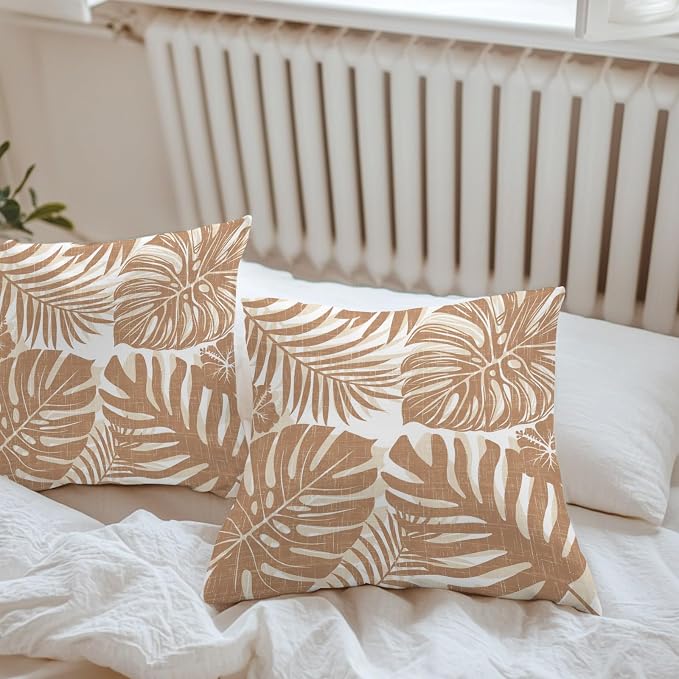 Brown Palm Leaves Outdoor Pillow Covers 24"x24" Set of 2, Tropical Botanical Minimalist Modern Waterproof Throw Pillow Covers for Patio Furniture, Decorative Cushion Covers for Porch