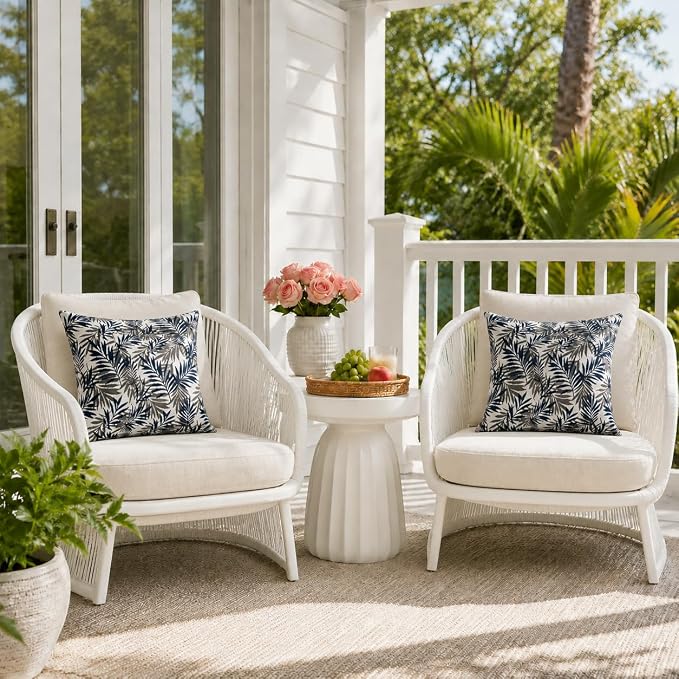 Outdoor Pillow Covers Waterproof Throw Pillow Covers, Set of 2 Jacquard Texture Water Resistant Fade Resistant Decorative Cushion Covers for Garden Patio Bench Couch Sofa, 18x18 Inch (Blue Palm)