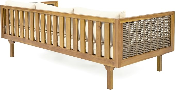 Merax Outdoor Acacia Wood Conversation Set - Patio 3-Seat Loveseat Sofa w/Coushion and Round Coffee Table for Backyard, Lawn, Balcony, Teak+Beige
