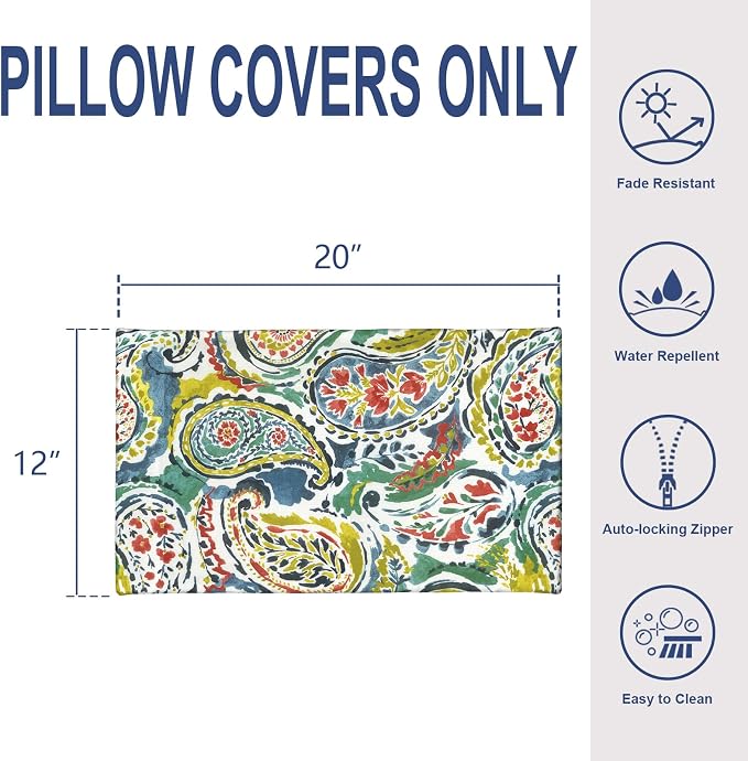 12x20 Inch Outdoor Lumbar Pillow Covers Pack of 2, All Weather Cushion Pillow Cases, Pillowcase for Patio Couch Decoration, Paradise Paisley
