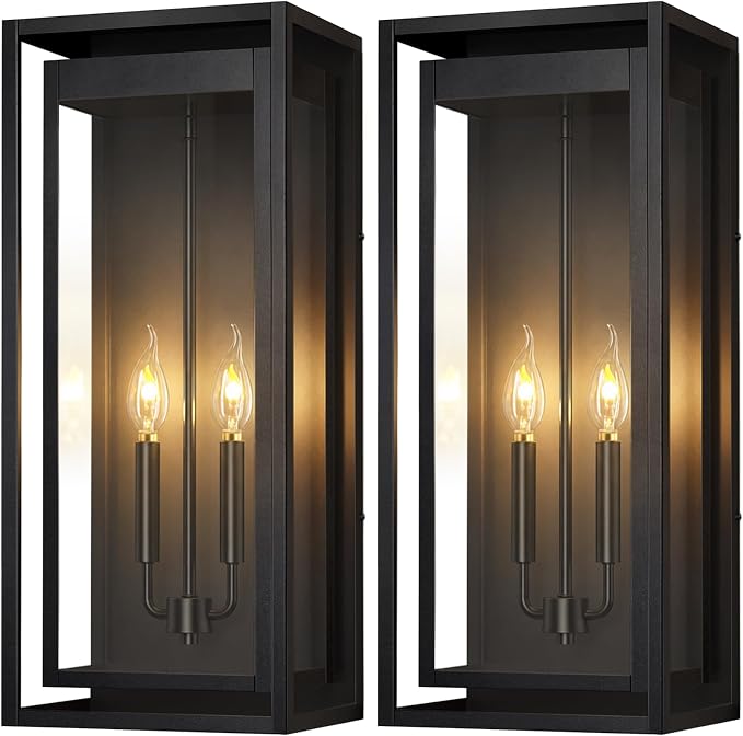 24" Outdoor Wall Lights, 2 Pack Large Size Matte Black Outdoor Sconce Lights with Clear Glass Shade, Waterproof Porch Lighting Exterior Light Fixture for Front Door, Garage