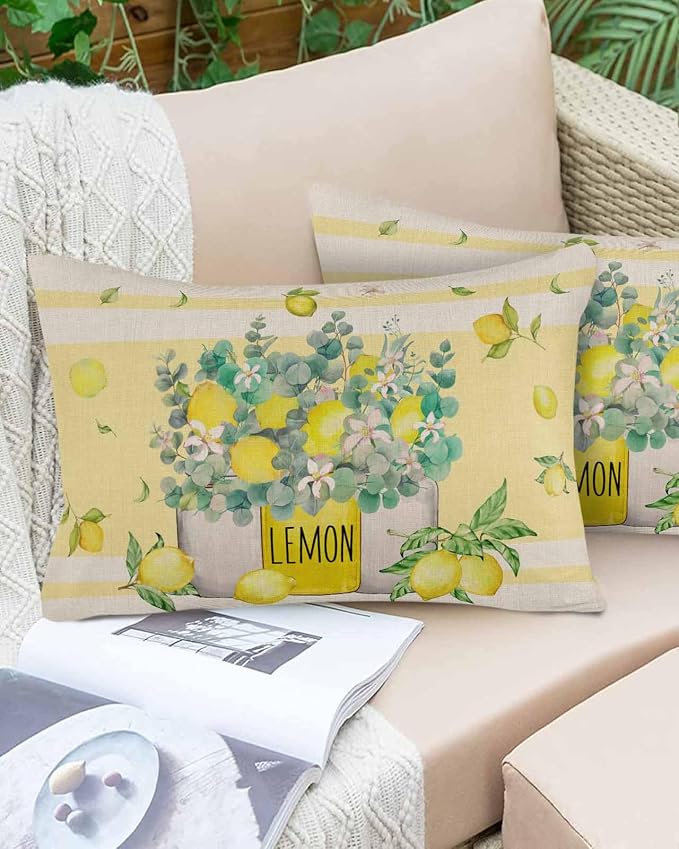 Eucalyptus Leaves Outdoor Pillow Covers Pack of 2, Yellow Stripes Vase Lemon Waterproof Pillow Covers Seasonal Spring Summer Throw Pillowcase for Patio Funiture Garden Tent, 12 x 20 inch