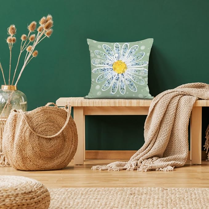 Spring Outdoor Pillow Covers Waterproof 18x18 Set of 4 Daisy Flower Farmhouse Decorative Floral Throw Pillows Covers Accent for Couch Sofa Patio Furniture Spring Home Decor