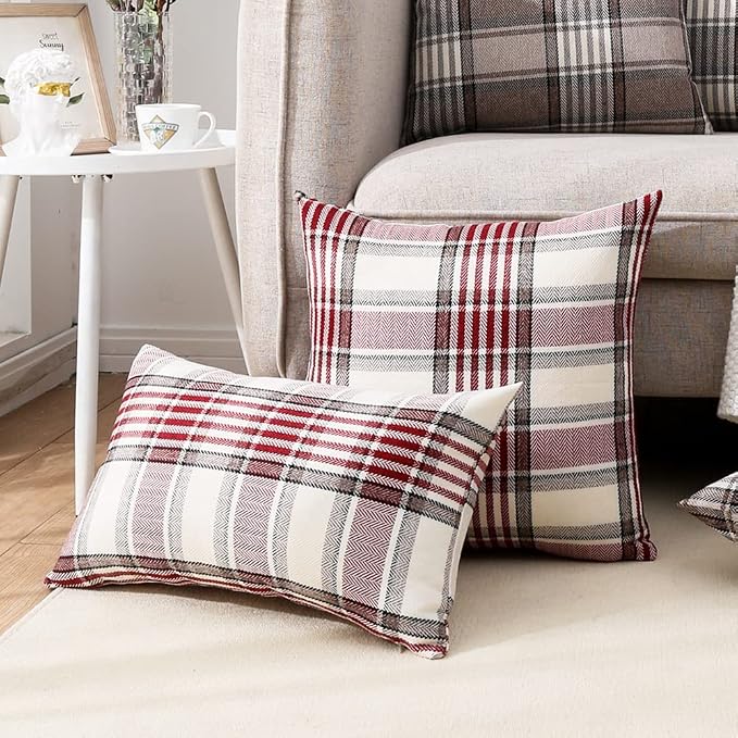 CARRIE HOME Red Tartan Christmas Plaid Pillow Covers 20x20 Set of 2 Farmhouse Buffalo Plaid Red Striped Throw Pillow Cover for Living Room Couch Sofa