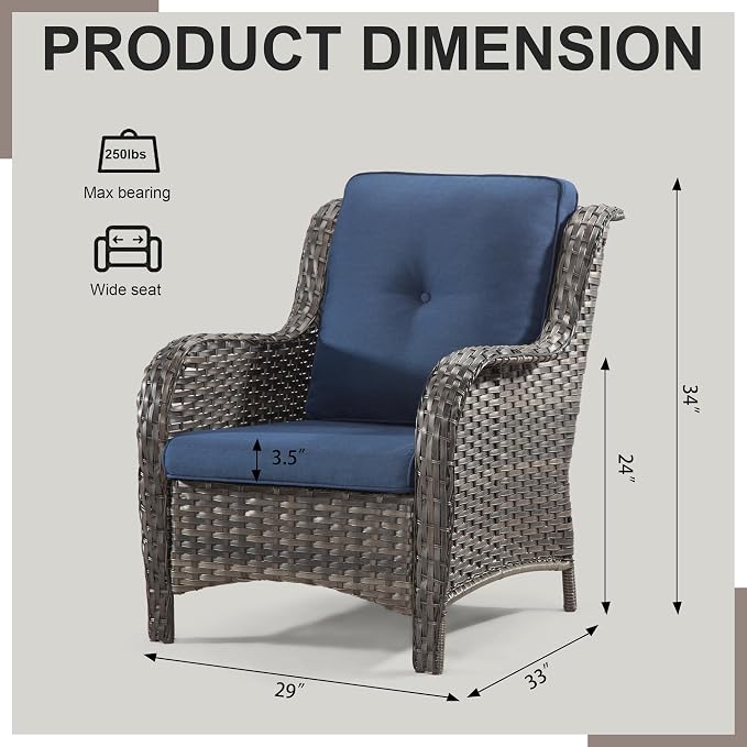 Outdoor Wicker Chair Rattan Patio Dining Chairs Set of 6 PE Wicker Patio Chairs with 4 inch Seat Cushions Outdoor Patio Seating Chair for Garden, Backyard Swimming Pool, Balcony, Blue