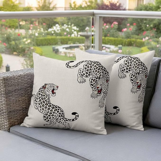 Vandarllin Outdoor Throw Pillows Covers 20x20 inch Set of 2 Waterproof Linen Leopard Decorative Zippered Cushion Covers for Patio Furniture, Bohemian Animal Print Lumbar Pillowcases