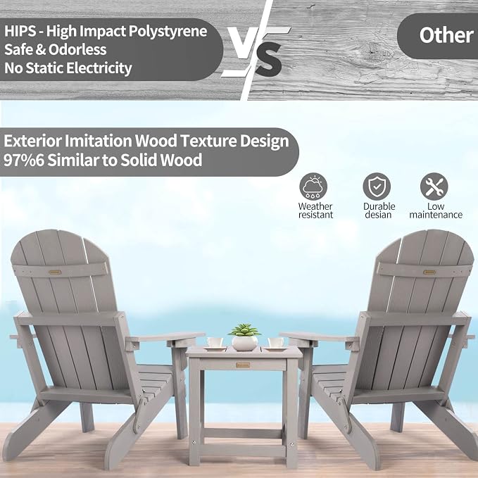Outdoor Side Table Set of 2, HIPS Plastic Composite Adirondack Patio Table, Weather Resistant End Tables for Outside, Indoor, Patio, Garden, Pool, Porch, Backyard, Lawn, Deck - Grey