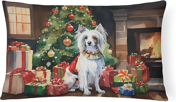 Caroline's Treasures DAC2632PW1216 Chinese Crested Cozy Christmas Throw Pillow Machine Washable, Indoor Outdoor Decorative Pillow for Couch, Bed or Patio, 12HX16W
