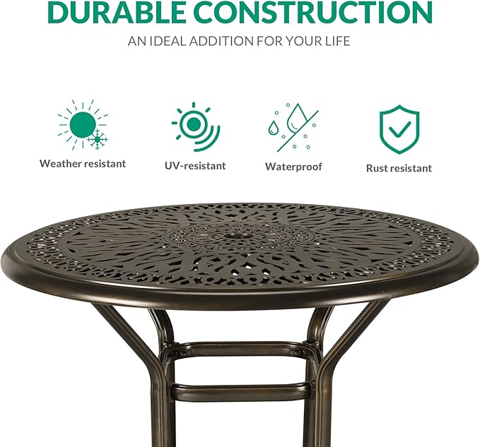 VIVIJASON 35.4" Patio Height Bar Table, All-Weather Cast Aluminum Bar Bistro Table Outdoor Patio Round Dining Table with Umbrella Hole for Balcony, Lawn, Garden, Backyard, Antique Bronze