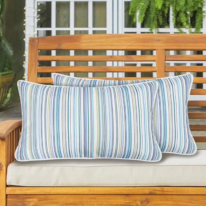 Lumbar Pillow with Insert, Set of 2, Outdoor Indoor Waterproof Decorative Patio Lumbar Pillow 12x20 Inch, Rectangular Cushion for Couch Sofa Garden Farmhouse Decoration-Blue Stripe