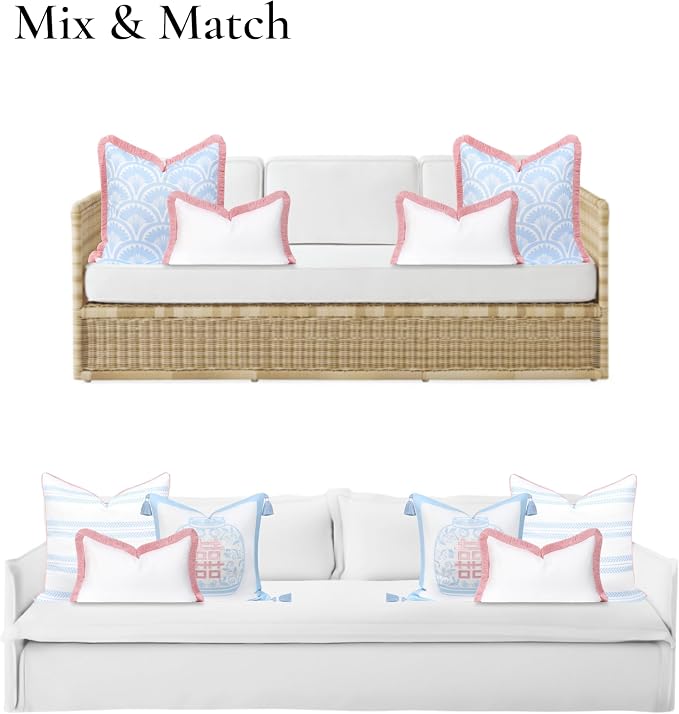 Hofdeco Premium Coastal Grandmillennial Patio Indoor Outdoor Lumbar Pillow Cover Only, 12"x20" Water Repellent for Backyard, Couch, Poolside, White Blush Pink Solid