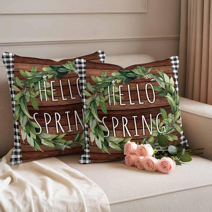 Hello Spring Outdoor Pillow Covers Pack of 2 Green Leaf Plant Black Plaid Brown Wood Grain Waterproof Throw Pillow Covers Decorative Cushion Cases for Patio Garden Tent Balcony Couch 24x24 inch
