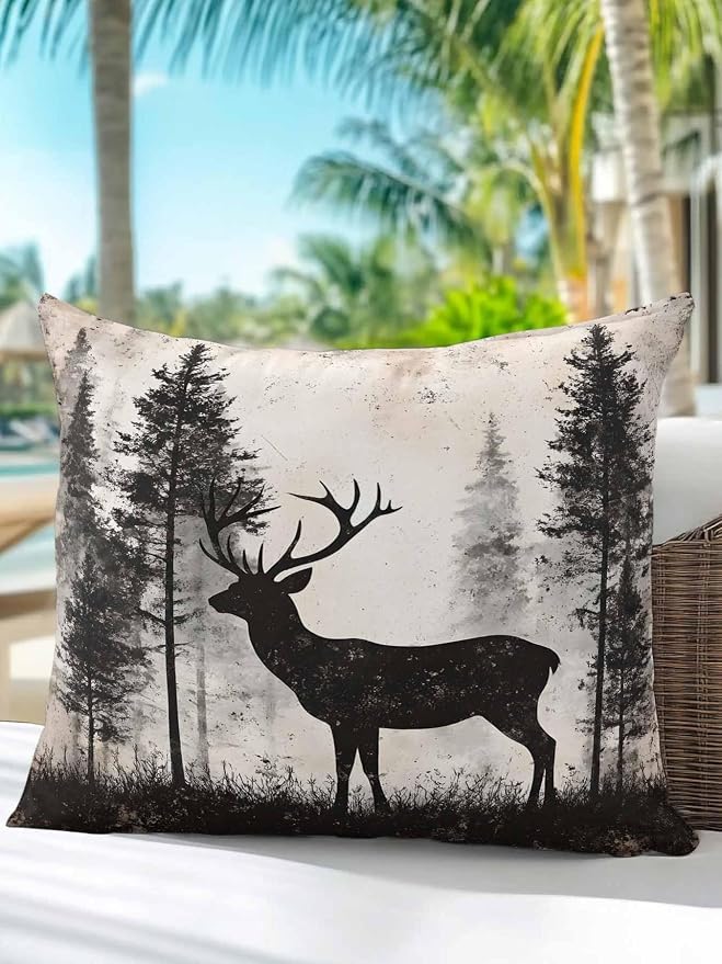 Outdoor Pillows Waterproof, Forest Deer Bedding Throw Pillows with Insert for Couch Sofa Bed, Rustic Country Wildlife Woodland Black Beige 18x18 Inch Pillowcases Camping Patio Pillow Set of 1
