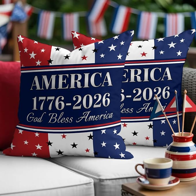 America 250th Anniversary Outdoor Pillow Covers 20"x20" Set of 2, God Bless America Patriotic Star Strip Waterproof Throw Pillow Covers for Patio Furniture, Decorative Cushion Covers for Porch