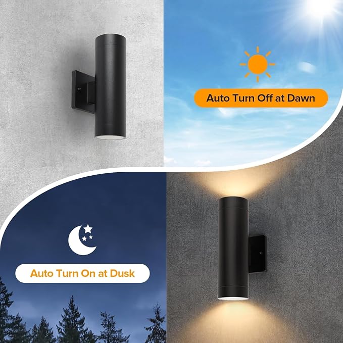LUTEC Dusk to Dawn Outdoor Wall Lights, 16W Integrated LED Cylinder Up-Down Sconce, 3000K Waterproof Aluminum Exterior Lighting, Matte Black Modern Porch and Entryway Wall Light Fixture, 2 Pack